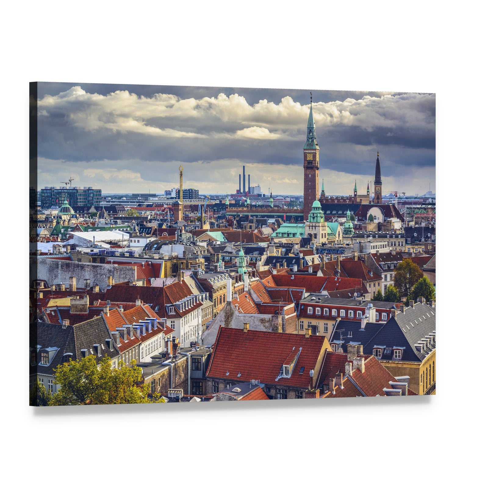 Copenhagen City Skyline in Cloudy Day Canvas Wall Art, single panel gallery wrapped canvas, angled product view
