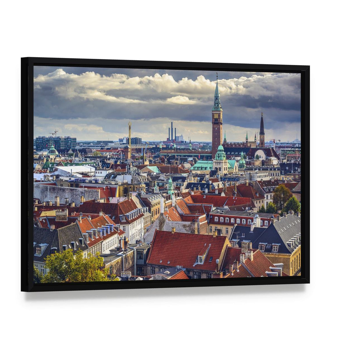 Copenhagen City Skyline in Cloudy Day Canvas Wall Art, framed canvas in a black floater frame, angled product view