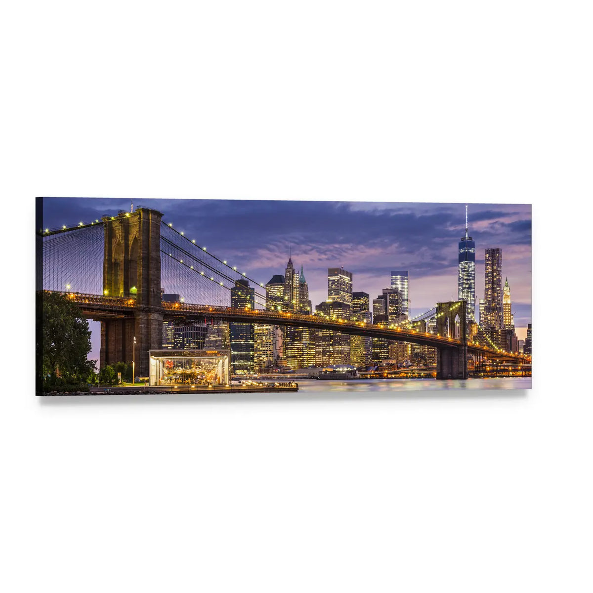 Brooklyn Bridge and Manhattan Skyline at Twilight Panoramic Canvas Wall Art, single panel gallery wrapped canvas, angled product view