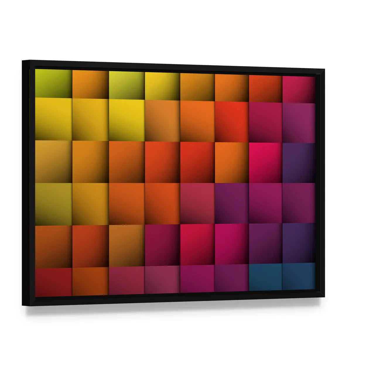 Colorful 3d Cube Grid Canvas Wall Art, framed canvas in a black floater frame, angled product view