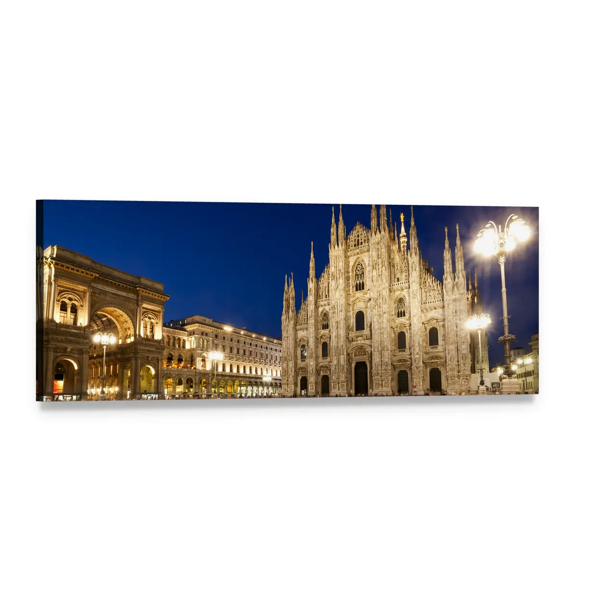 Milan Cathedral at Night Panoramic Canvas Wall Art, single panel gallery wrapped canvas, angled product view