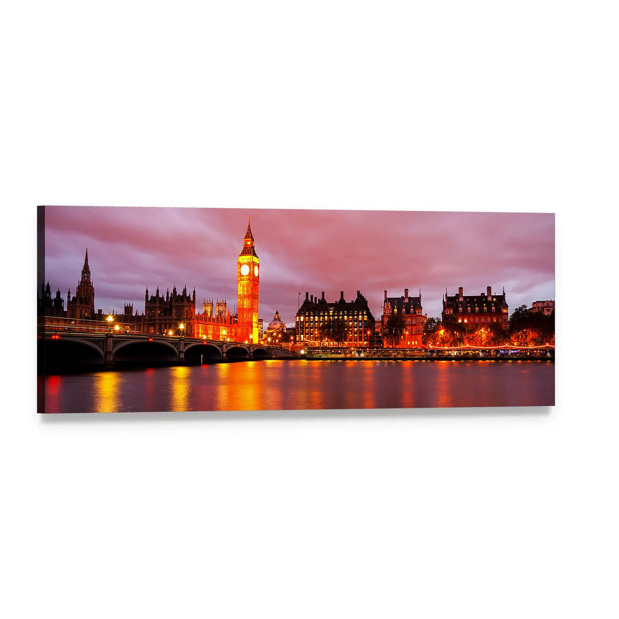 Big Ben and Westminster Bridge at Night Panoramic Canvas Wall Art, single panel gallery wrapped canvas, angled product view