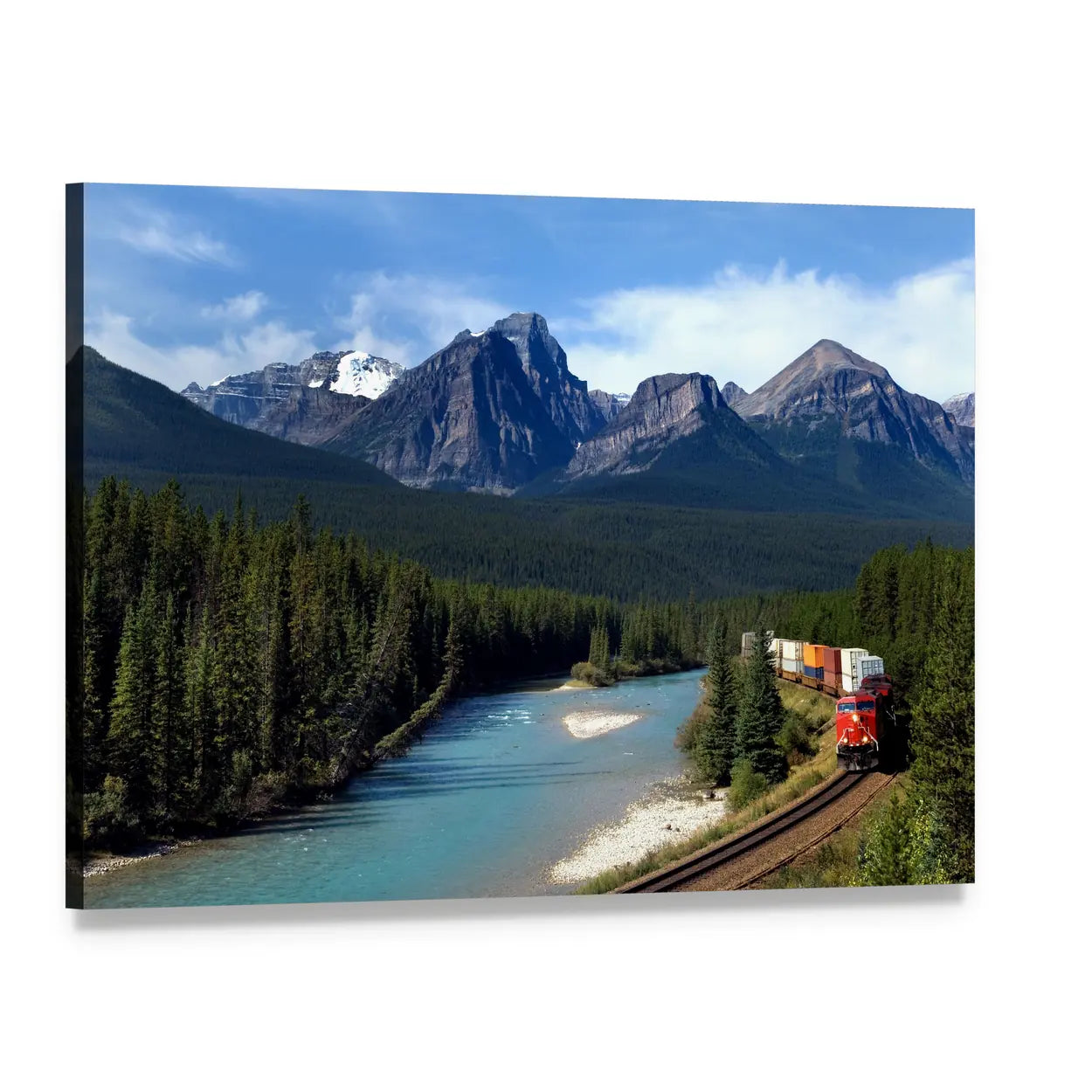 Train Along Bow River Canvas Wall Art, single panel gallery wrapped canvas, angled product view