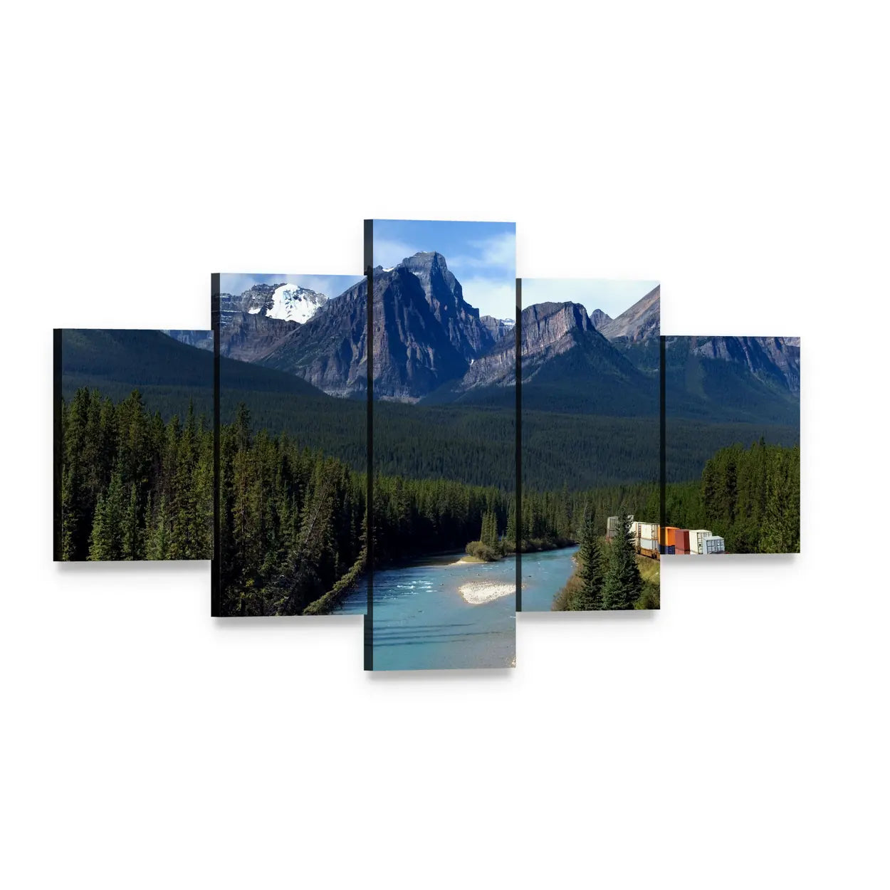 Train Along Bow River Canvas Wall Art, 5 panel 5 Star layout gallery wrapped canvas set, angled product view