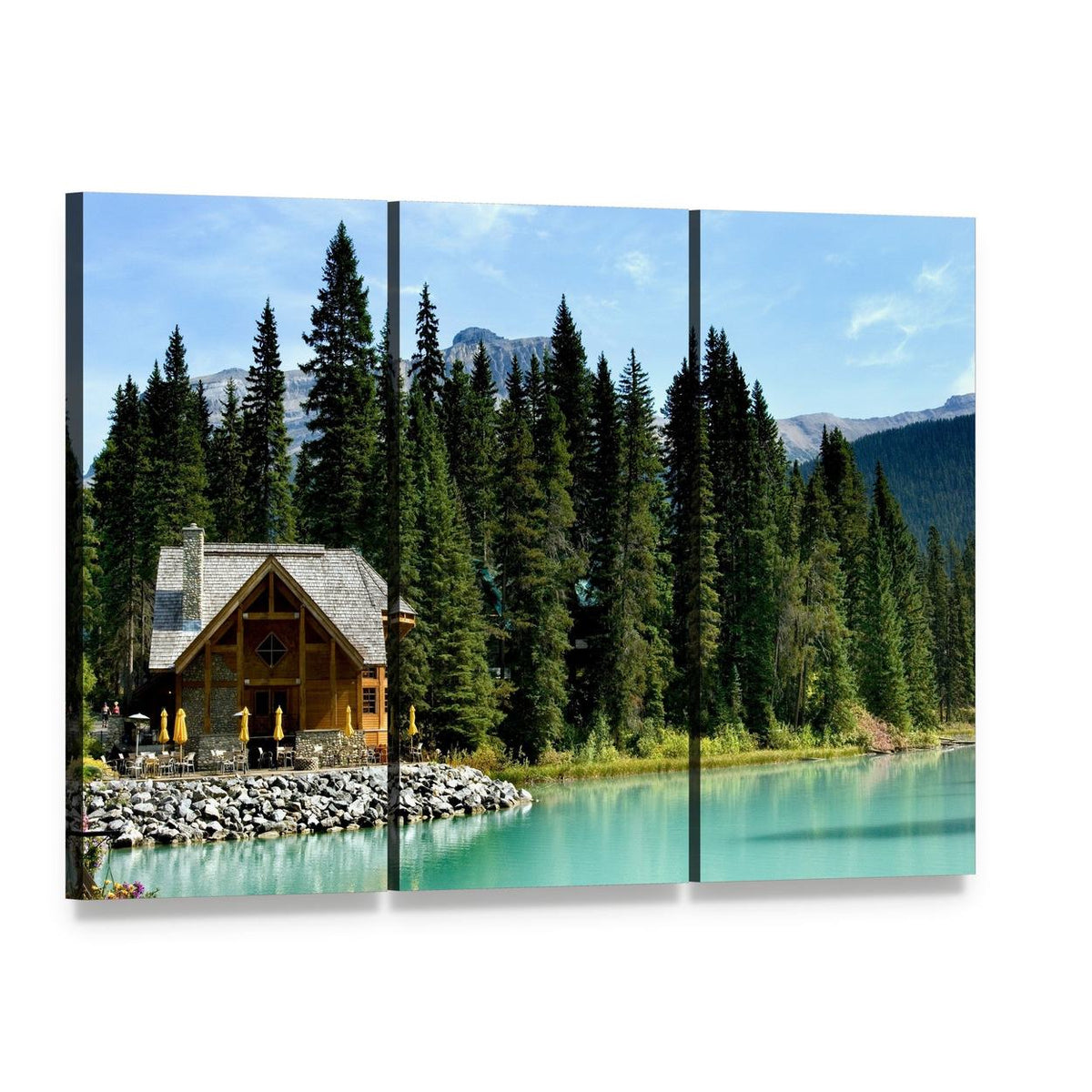 Wooden Retreat on Emerald Lake Canvas Wall Art, 3 panel 3 Horizontal layout gallery wrapped canvas set, angled product view