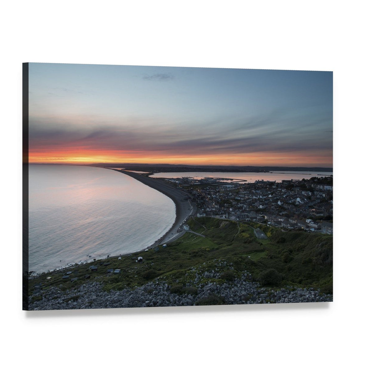 Sunset Over Chesil Beach Canvas Wall Art, single panel gallery wrapped canvas, angled product view