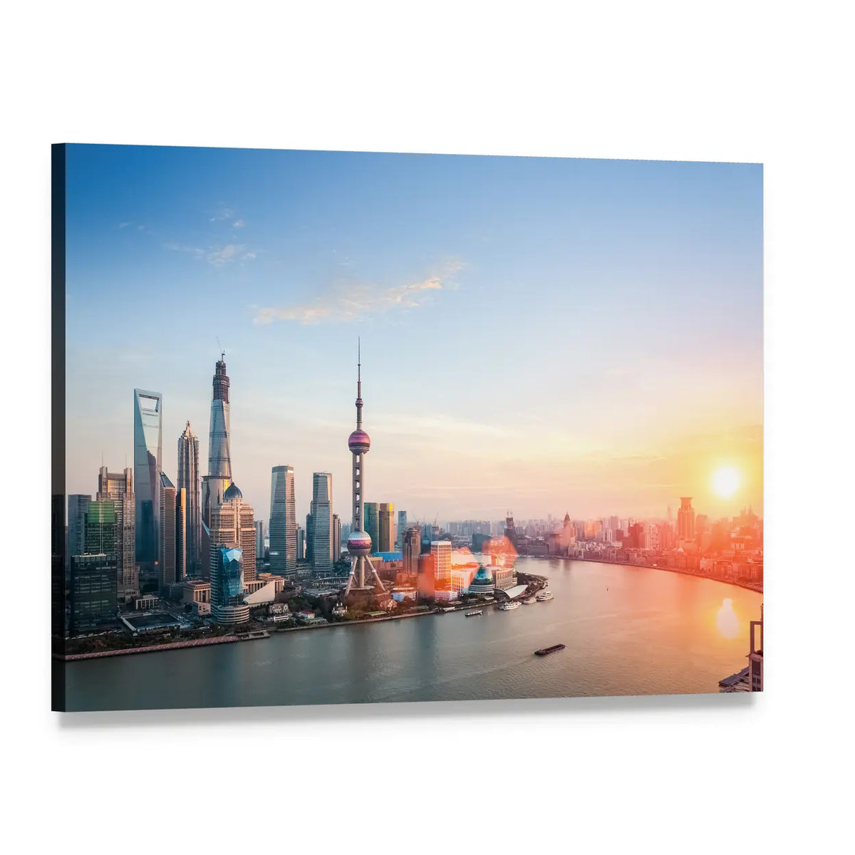 Shanghai Skyline at Dusk Canvas Wall Art, single panel gallery wrapped canvas, angled product view