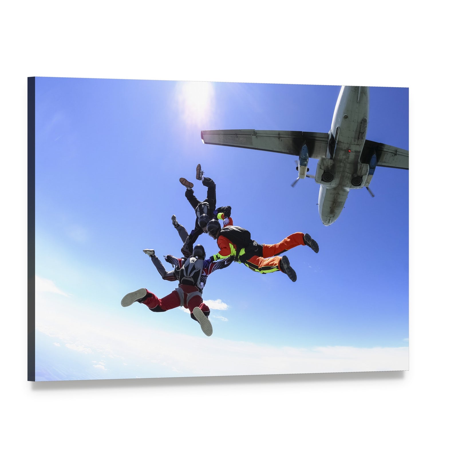 Exciting Skydiving Adventure with Airplane Canvas Wall Art, single panel gallery wrapped canvas, angled product view