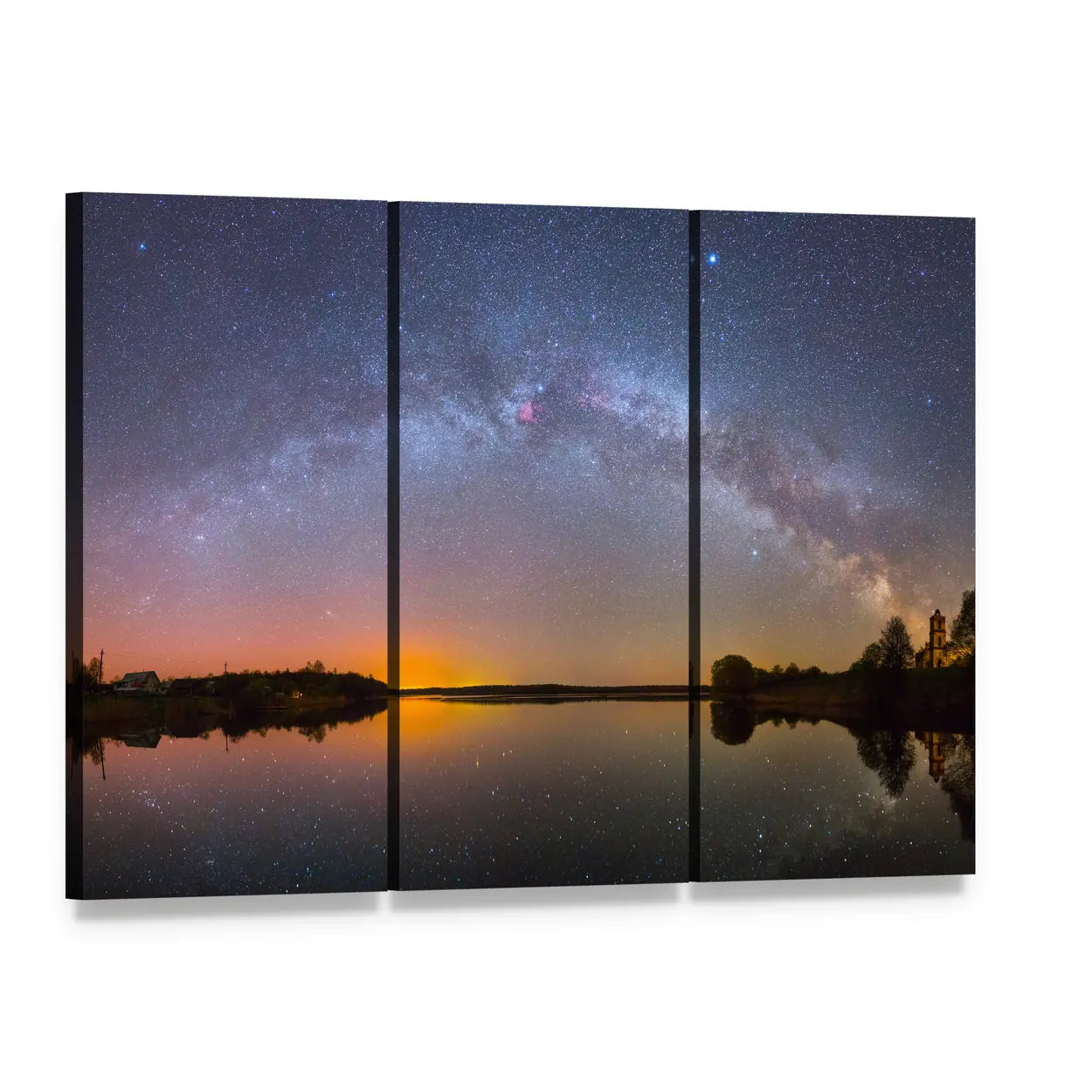 Milky Way Over Lake Canvas Wall Art, 3 panel 3 Horizontal layout gallery wrapped canvas set, angled product view