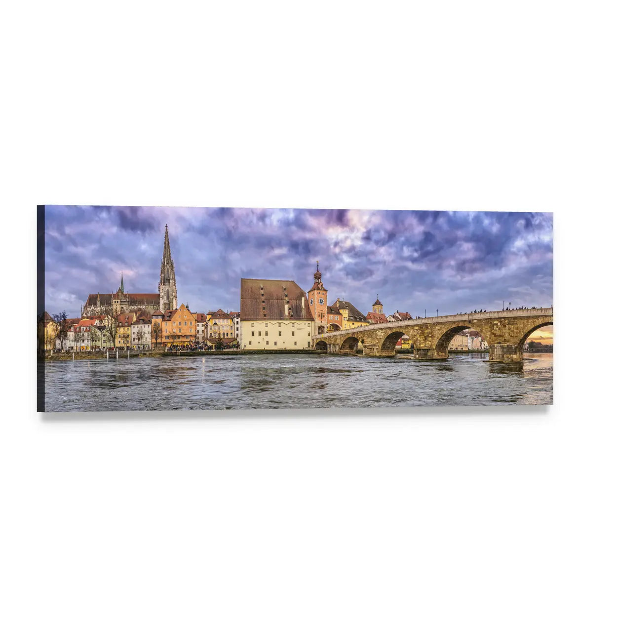 Regensburg Cathedral and Stone Bridge at Dusk Panoramic Canvas Wall Art, single panel gallery wrapped canvas, angled product view