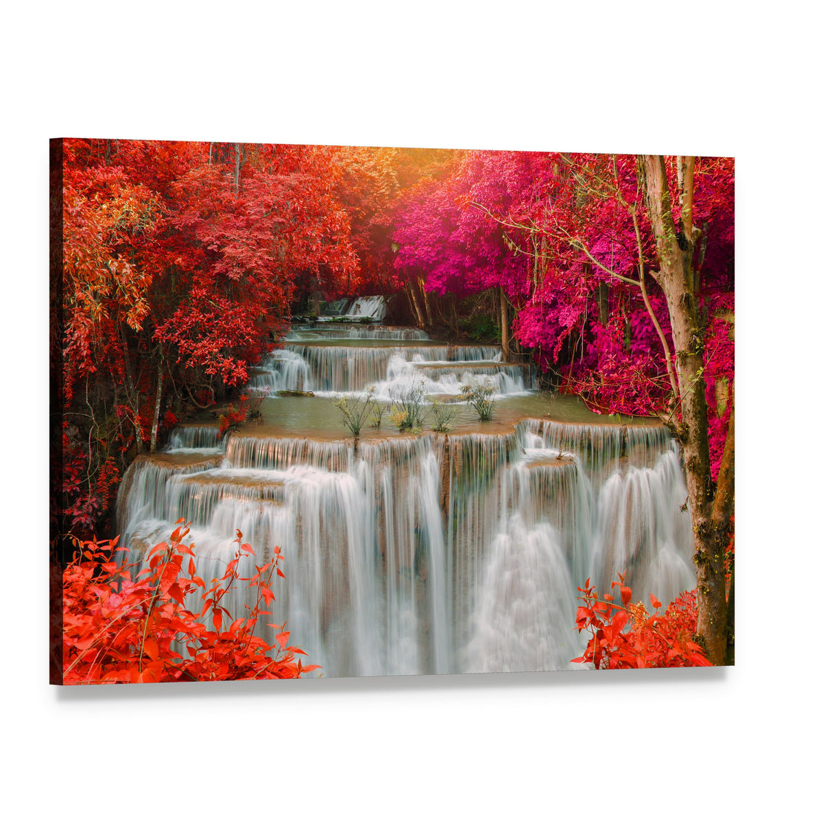 Waterfall in Pink and Red Trees Canvas Wall Art, single panel gallery wrapped canvas, angled product view