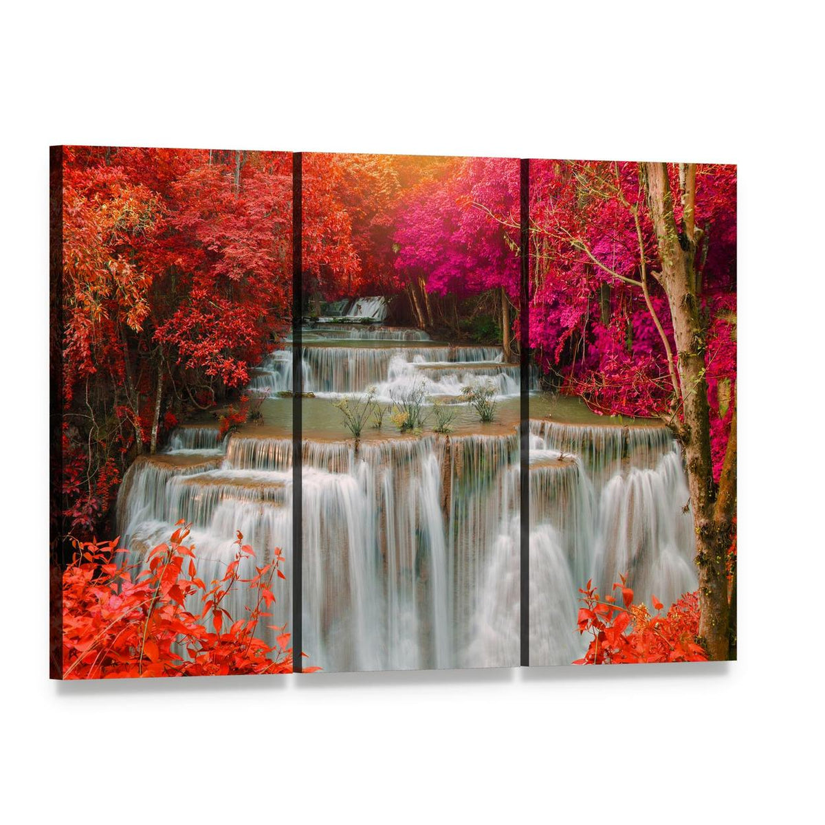 Waterfall in Pink and Red Trees Canvas Wall Art, 3 panel 3 Horizontal layout gallery wrapped canvas set, angled product view