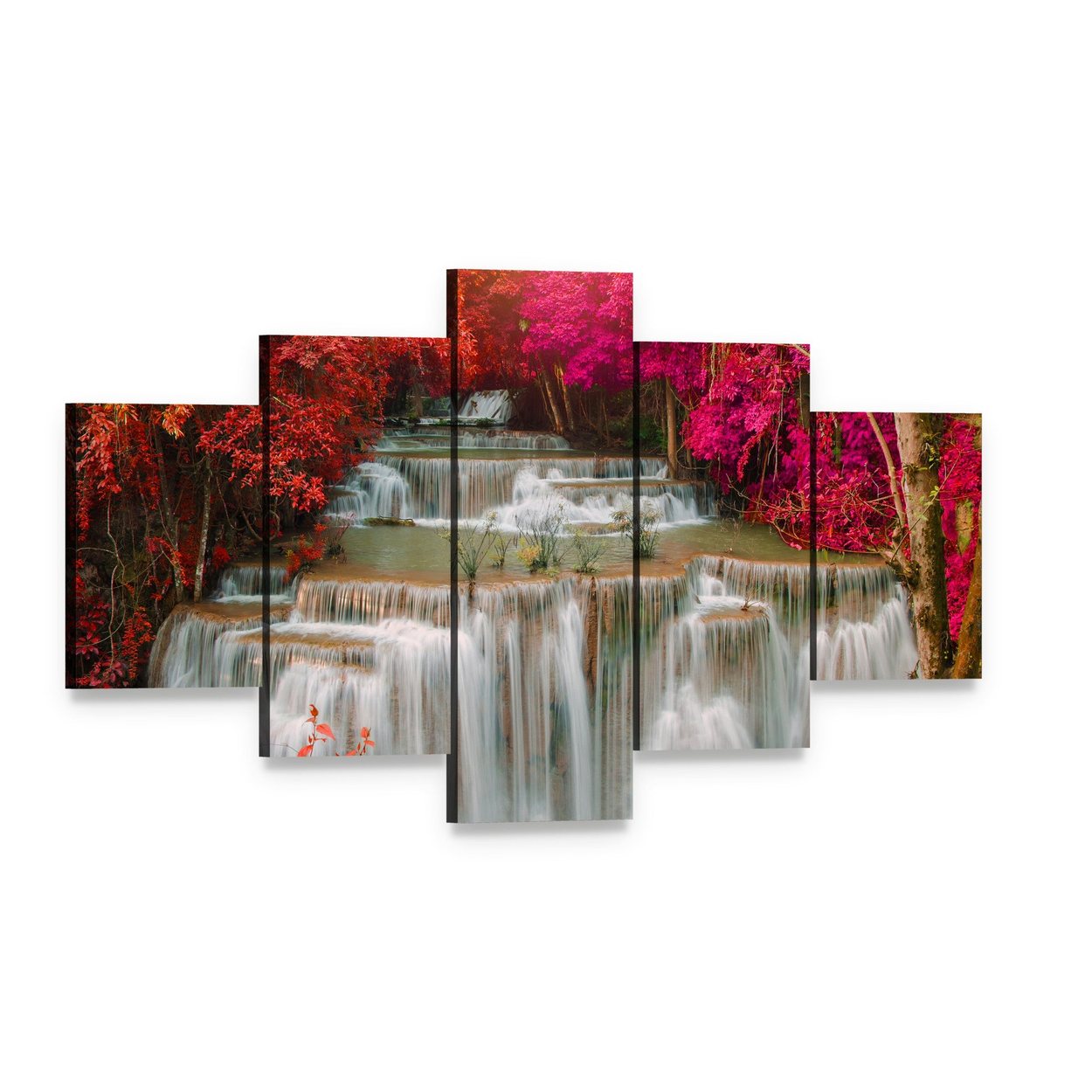 Waterfall in Pink and Red Trees Canvas Wall Art, 5 panel 5 Star layout gallery wrapped canvas set, angled product view