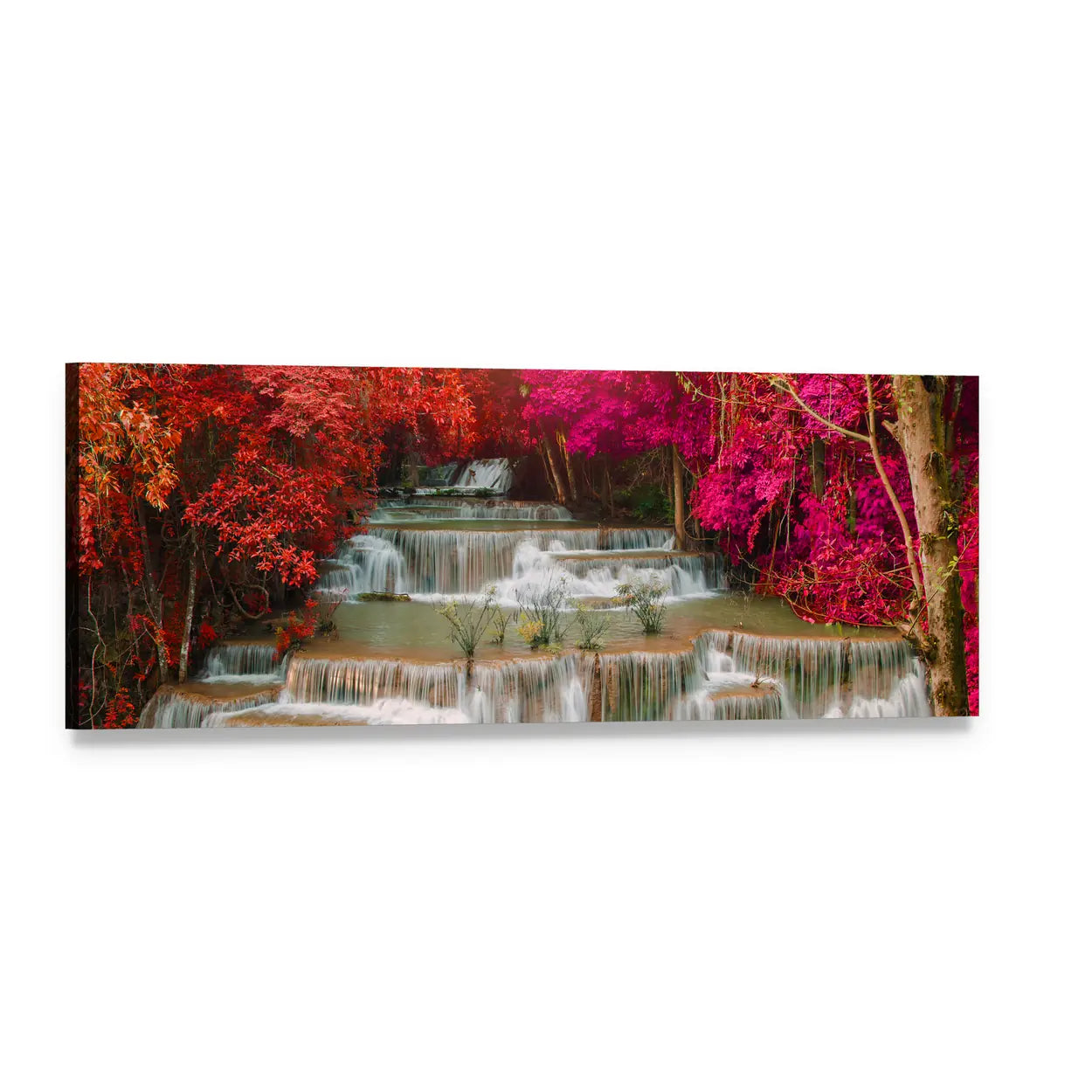 Tiered Waterfall Among Pink and Red Trees Panoramic Canvas Wall Art, single panel gallery wrapped canvas, angled product view