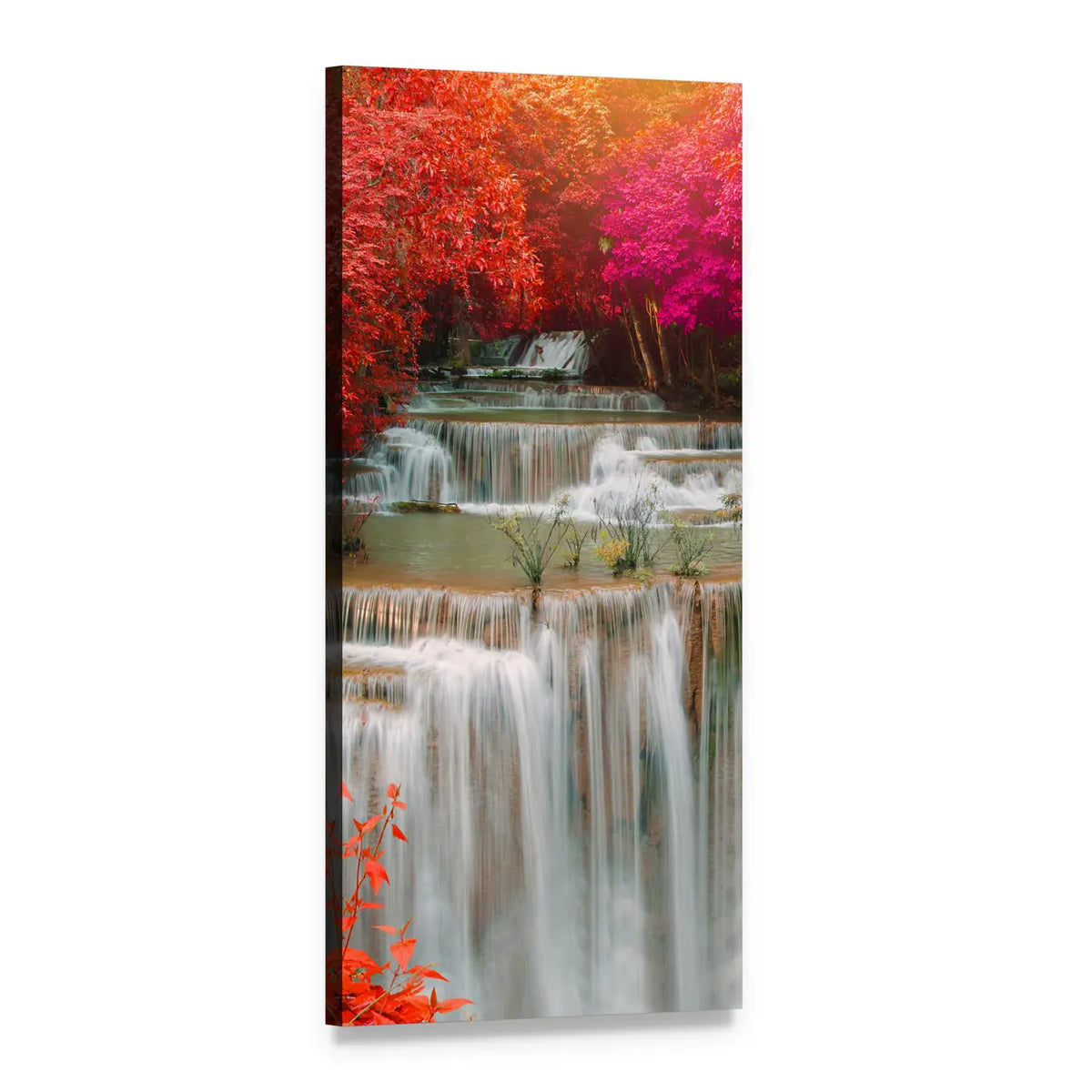 Tiered Waterfall Amid Red and Pink Foliage Vertical Canvas Wall Art, 1 panel 1 Vertical layout gallery wrapped canvas set, angled product view