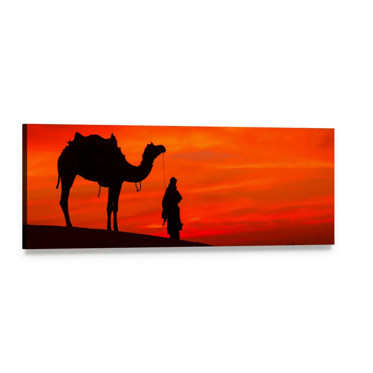 Desert Guide Leading Camel at Sunset Panoramic Canvas Wall Art, single panel gallery wrapped canvas, angled product view