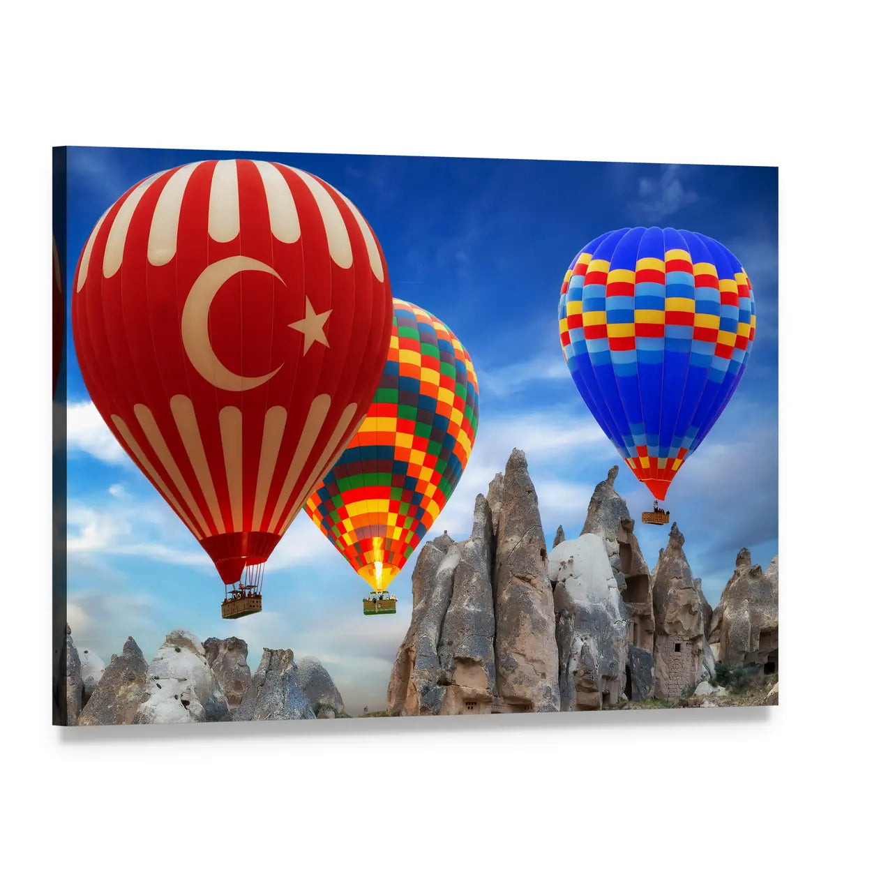 Hot Air Balloons Over Cappadocia Canvas Wall Art, single panel gallery wrapped canvas, angled product view
