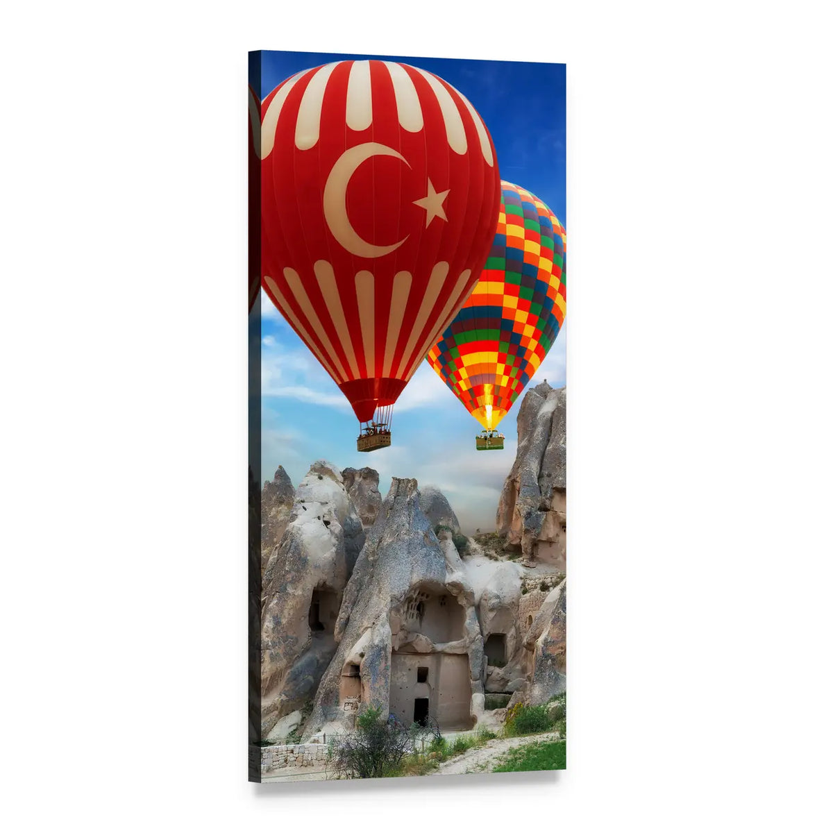 Cappadocia Hot Air Balloon with Turkish Flag Vertical Canvas Wall Art, 1 panel 1 Vertical layout gallery wrapped canvas set, angled product view