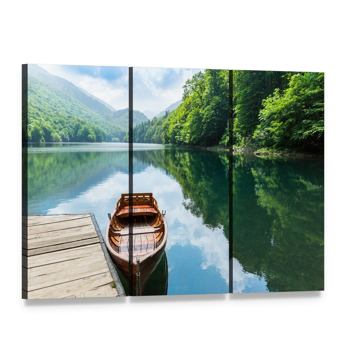 Wooden Boat at Mountain Lake Pier Canvas Wall Art, 3 panel 3 Horizontal layout gallery wrapped canvas set, angled product view