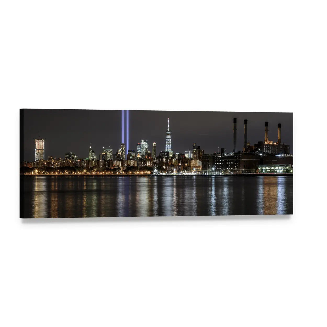 Nyc Night Skyline with Tribute Light Beams Panoramic Canvas Wall Art, single panel gallery wrapped canvas, angled product view