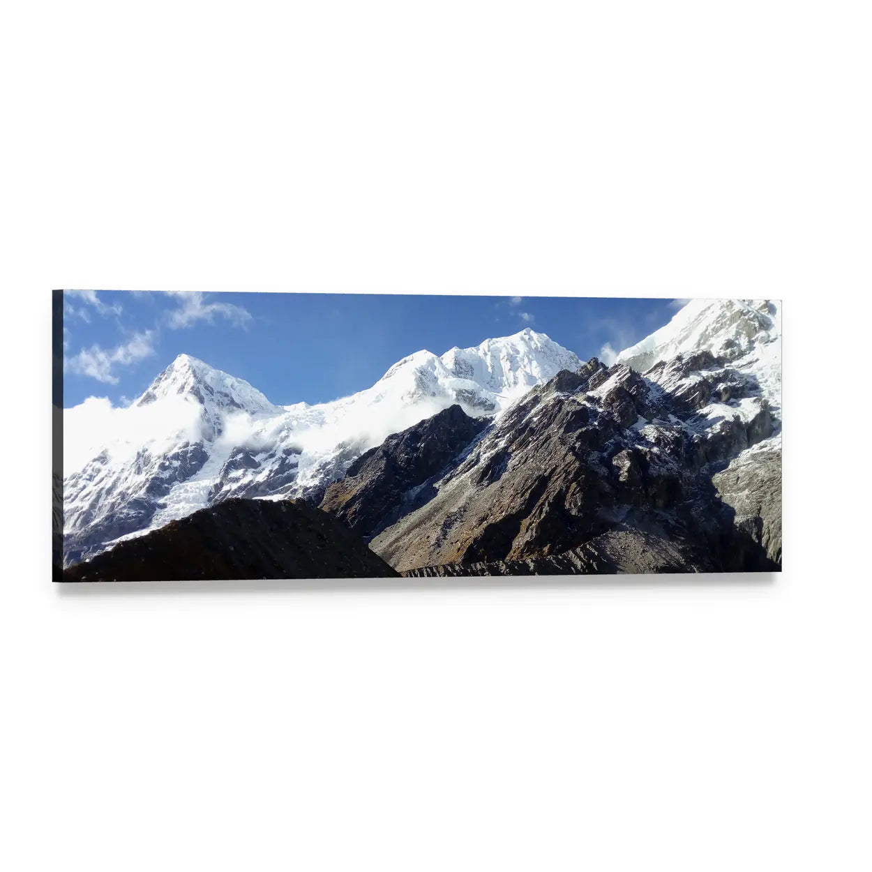 Glacier Ice Peaks Panoramic Canvas Wall Art, single panel gallery wrapped canvas, angled product view