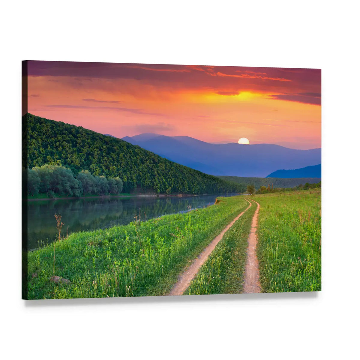 Sunset Meadow with River and Dirt Road Canvas Wall Art, single panel gallery wrapped canvas, angled product view