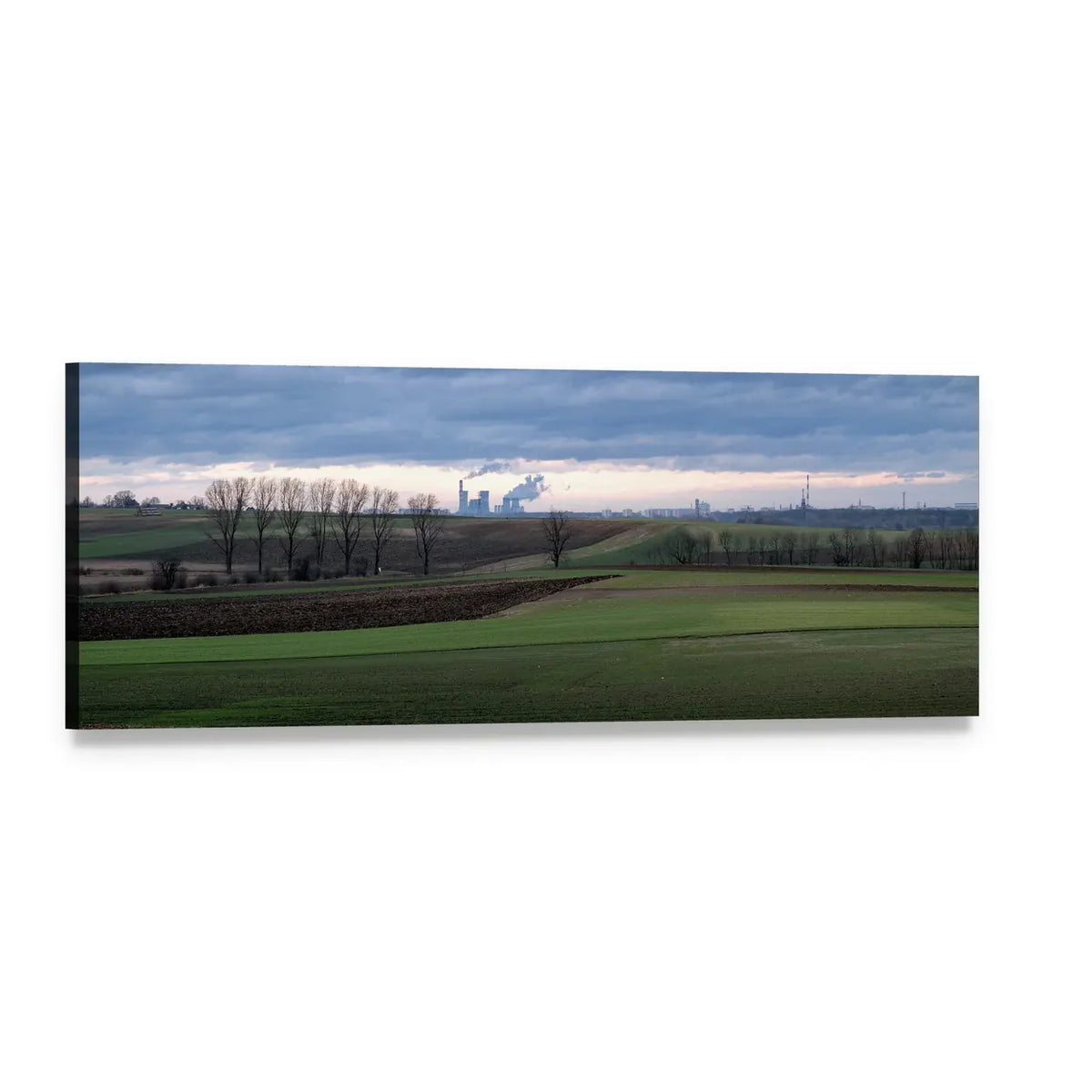 Dusk Over Agricultural Fields and Power Plant Panoramic Canvas Wall Art, single panel gallery wrapped canvas, angled product view