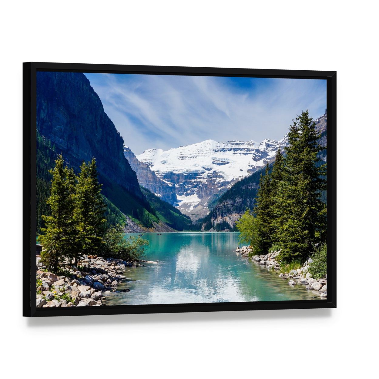 Lake Louise with Snow-capped Mountains Canvas Wall Art, framed canvas in a black floater frame, angled product view