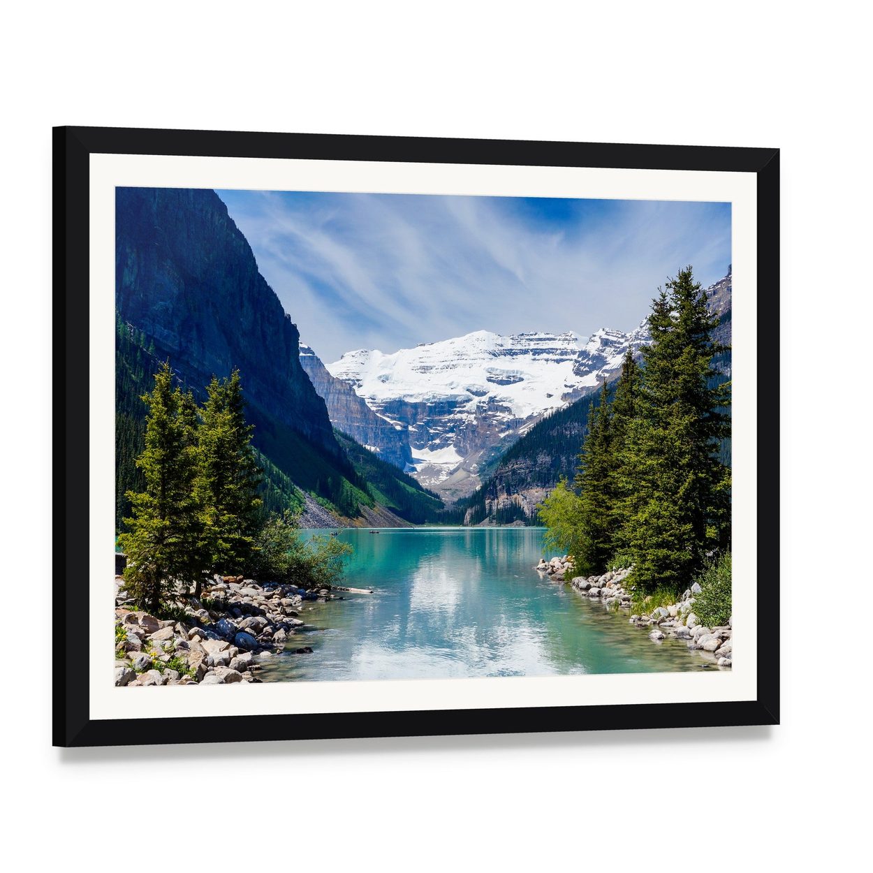 Lake Louise with Snow-capped Mountains Canvas Wall Art, framed print with white mat and black frame, angled product view