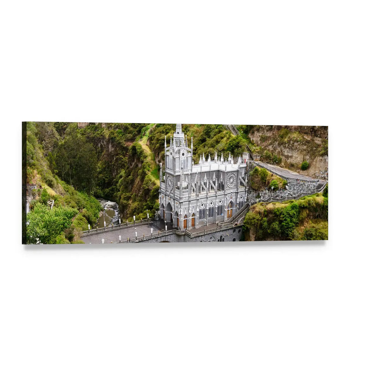 Las Lajas Neo-gothic Cathedral Panoramic Canvas Wall Art, single panel gallery wrapped canvas, angled product view