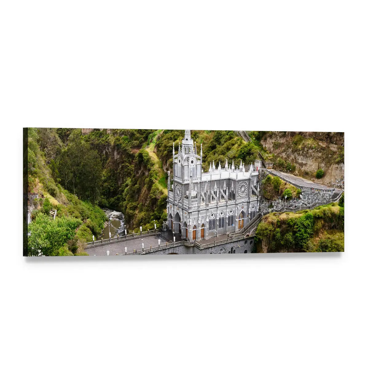 Las Lajas Neo-gothic Cathedral Panoramic Canvas Wall Art, single panel gallery wrapped canvas, angled product view