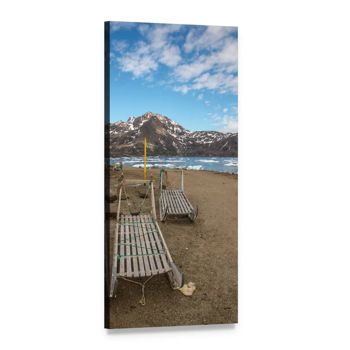 Wooden Dog Sleds on Snowy Shoreline Vertical Canvas Wall Art, 1 panel 1 Vertical layout gallery wrapped canvas set, angled product view