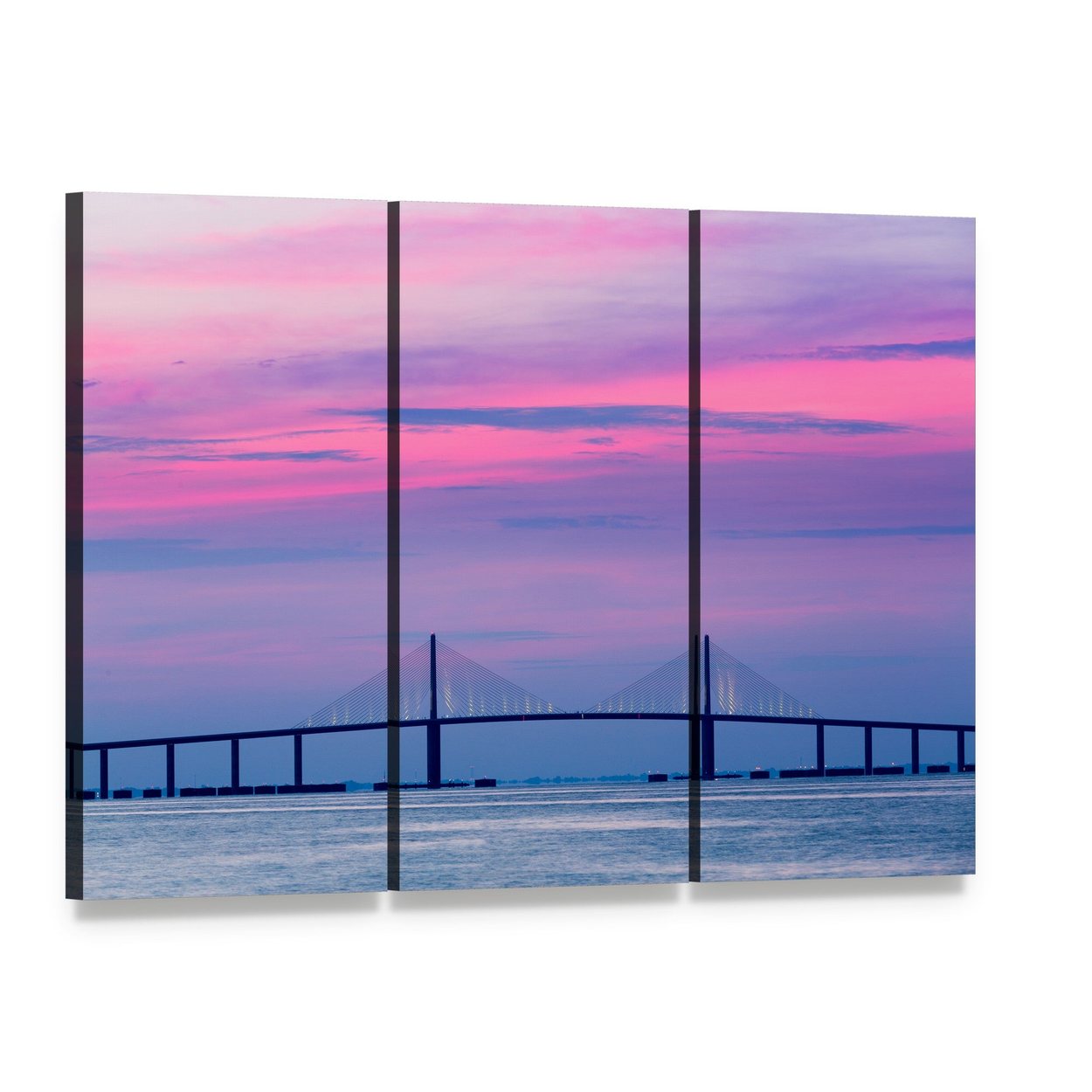 Skyway Cable-stayed Bridge at Dusk Canvas Wall Art, 3 panel 3 Horizontal layout gallery wrapped canvas set, angled product view