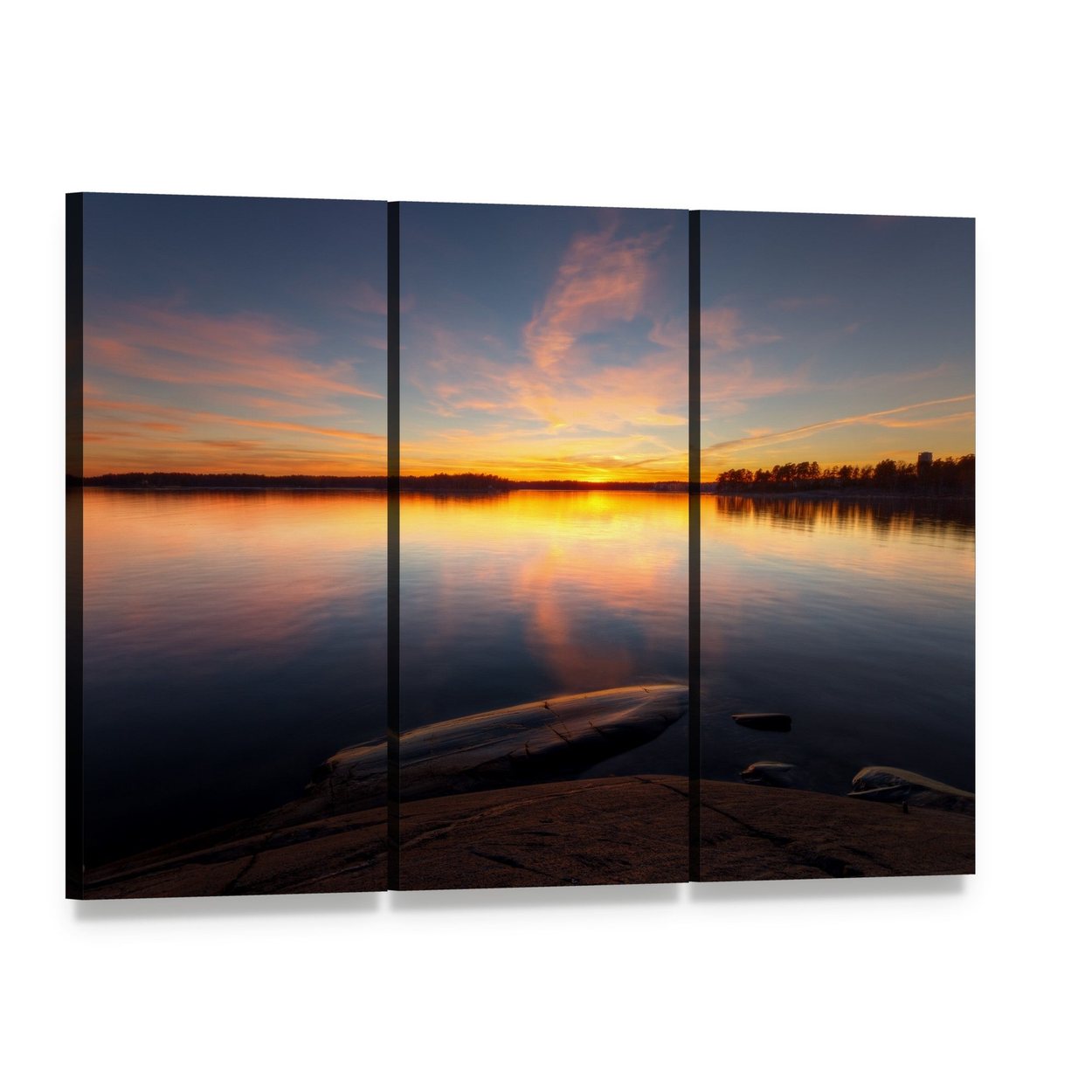 Sunrise Over Still Sea and Rocky Shore Canvas Wall Art, 3 panel 3 Horizontal layout gallery wrapped canvas set, angled product view
