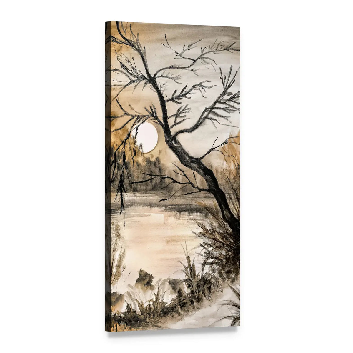 Moonlit Shoreline Watercolor with Bare Tree Vertical Canvas Wall Art, 1 panel 1 Vertical layout gallery wrapped canvas set, angled product view