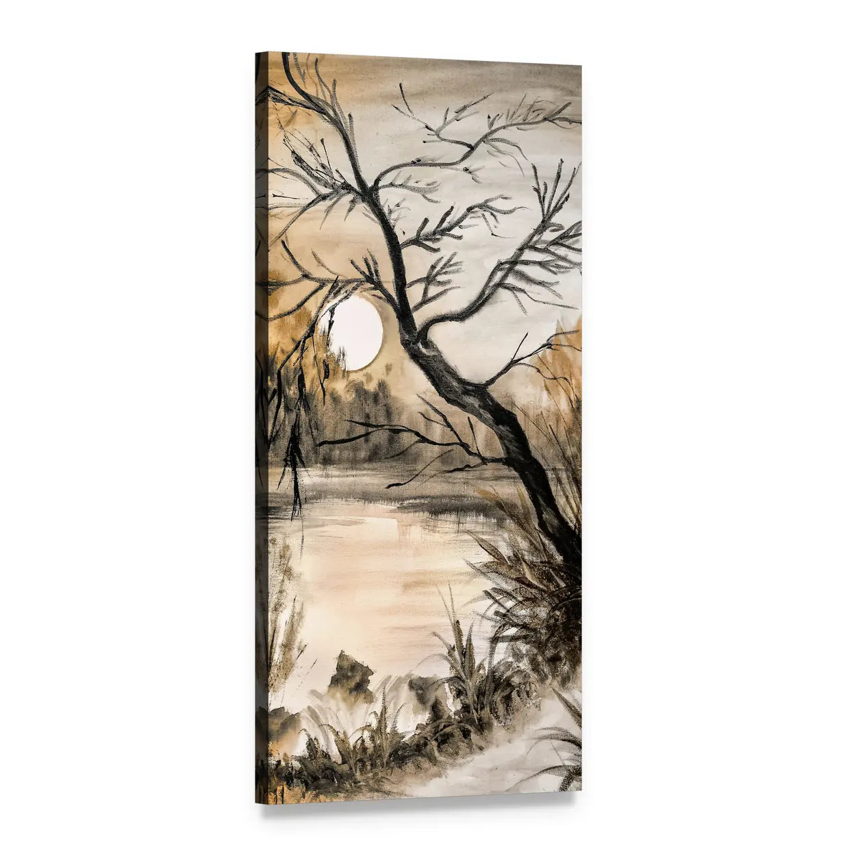 Moonlit Shoreline Watercolor with Bare Tree Vertical Canvas Wall Art, 1 panel 1 Vertical layout gallery wrapped canvas set, angled product view