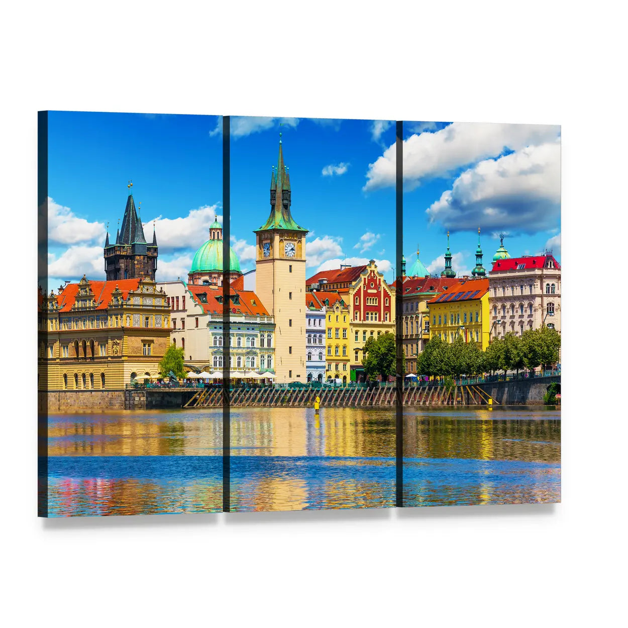 Vltava River Pier in Prague Canvas Wall Art, 3 panel 3 Horizontal layout gallery wrapped canvas set, angled product view