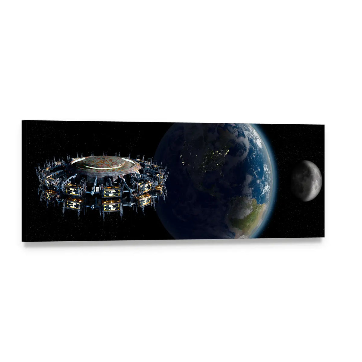 Alien Ufo Near Earth Panoramic Canvas Wall Art, single panel gallery wrapped canvas, angled product view