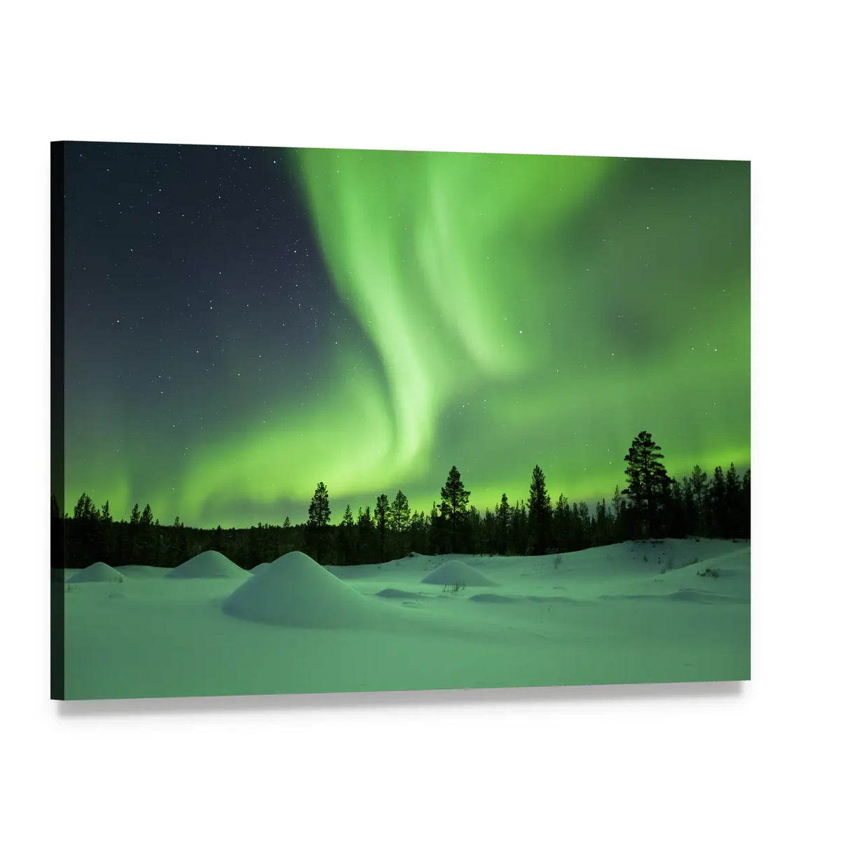 Aurora Borealis Over Snowy Forest Canvas Wall Art, single panel gallery wrapped canvas, angled product view