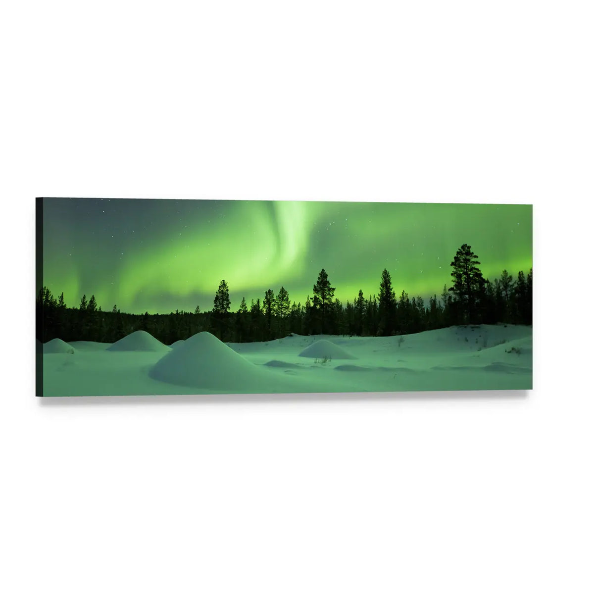 Aurora Borealis Over Snowy Pine Forest Panoramic Canvas Wall Art, single panel gallery wrapped canvas, angled product view