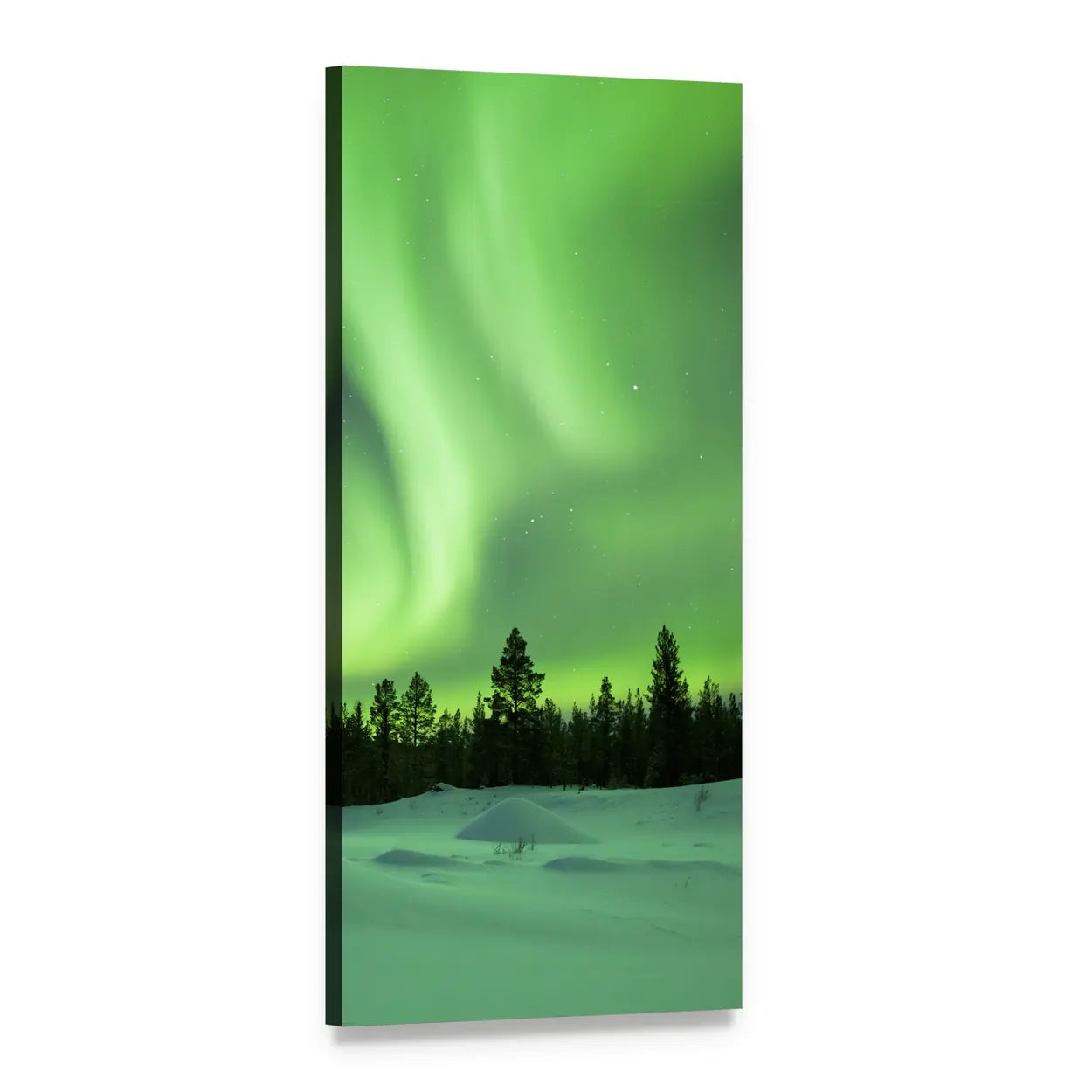 Aurora Borealis Over Snowy Pine Forest Vertical Canvas Wall Art, 1 panel 1 Vertical layout gallery wrapped canvas set, angled product view