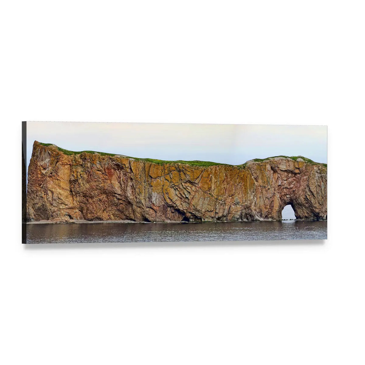 Sea Arch on Grassy Clifftop Panoramic Canvas Wall Art, single panel gallery wrapped canvas, angled product view