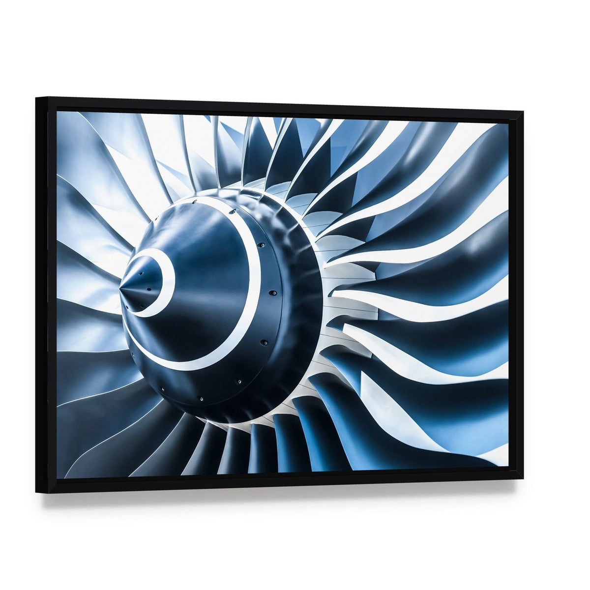 Jet Engine Blades Closeup Canvas Wall Art, framed canvas in a black floater frame, angled product view
