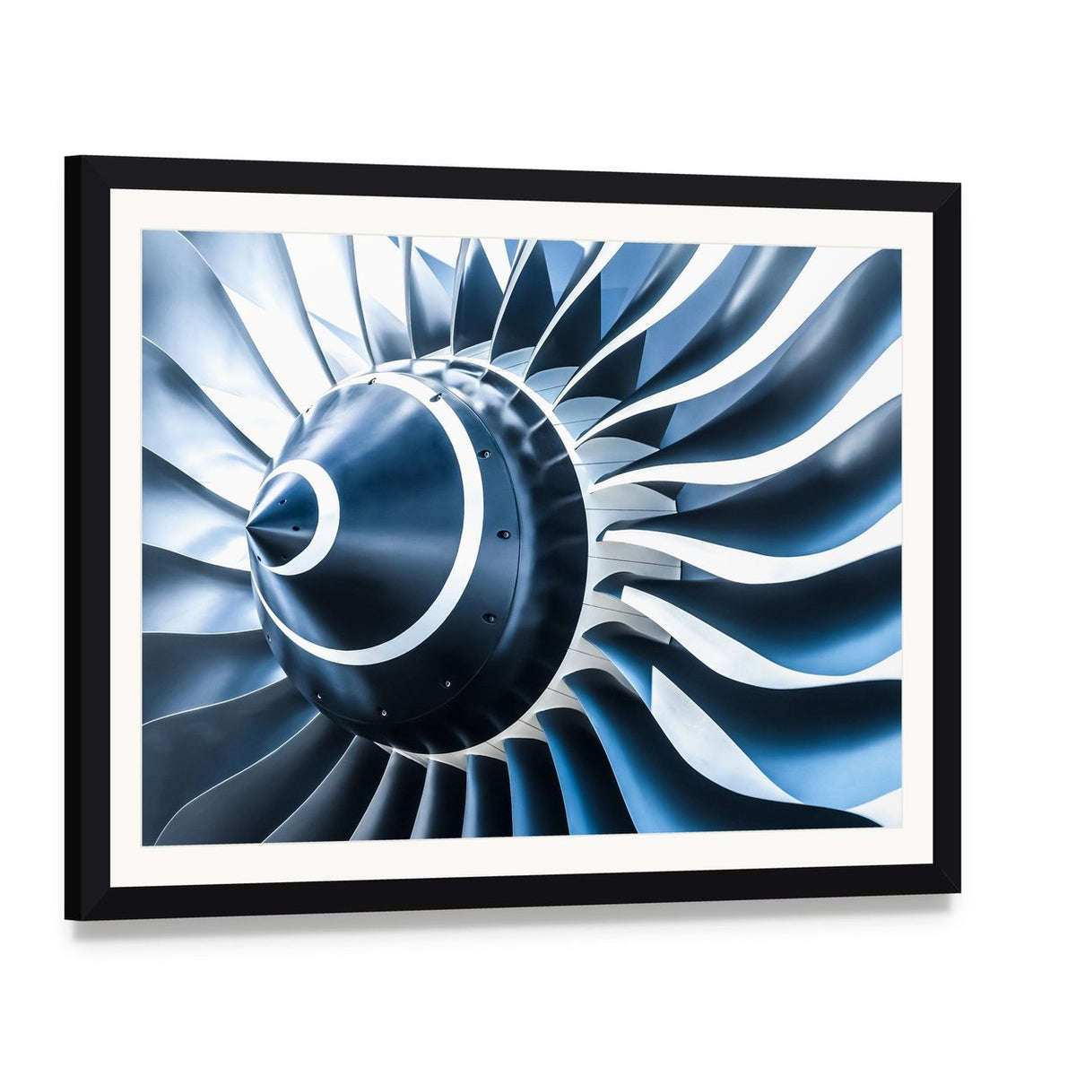 Jet Engine Blades Closeup Canvas Wall Art, framed print with white mat and black frame, angled product view