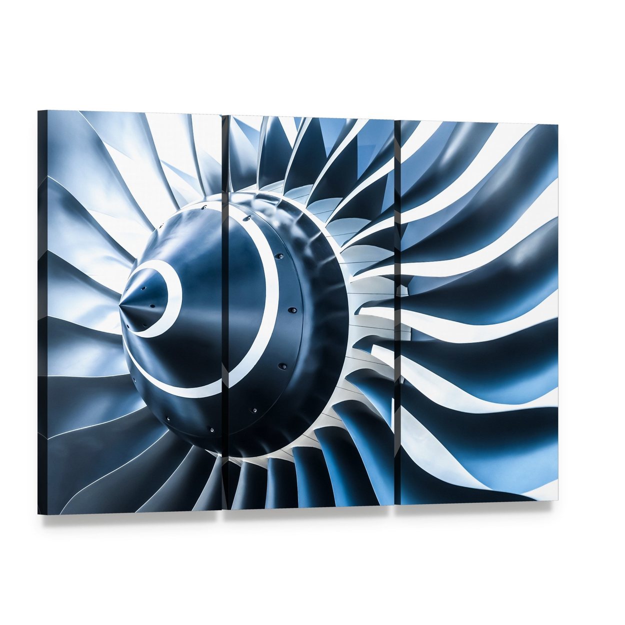 Jet Engine Blades Closeup Canvas Wall Art, 3 panel 3 Horizontal layout gallery wrapped canvas set, angled product view