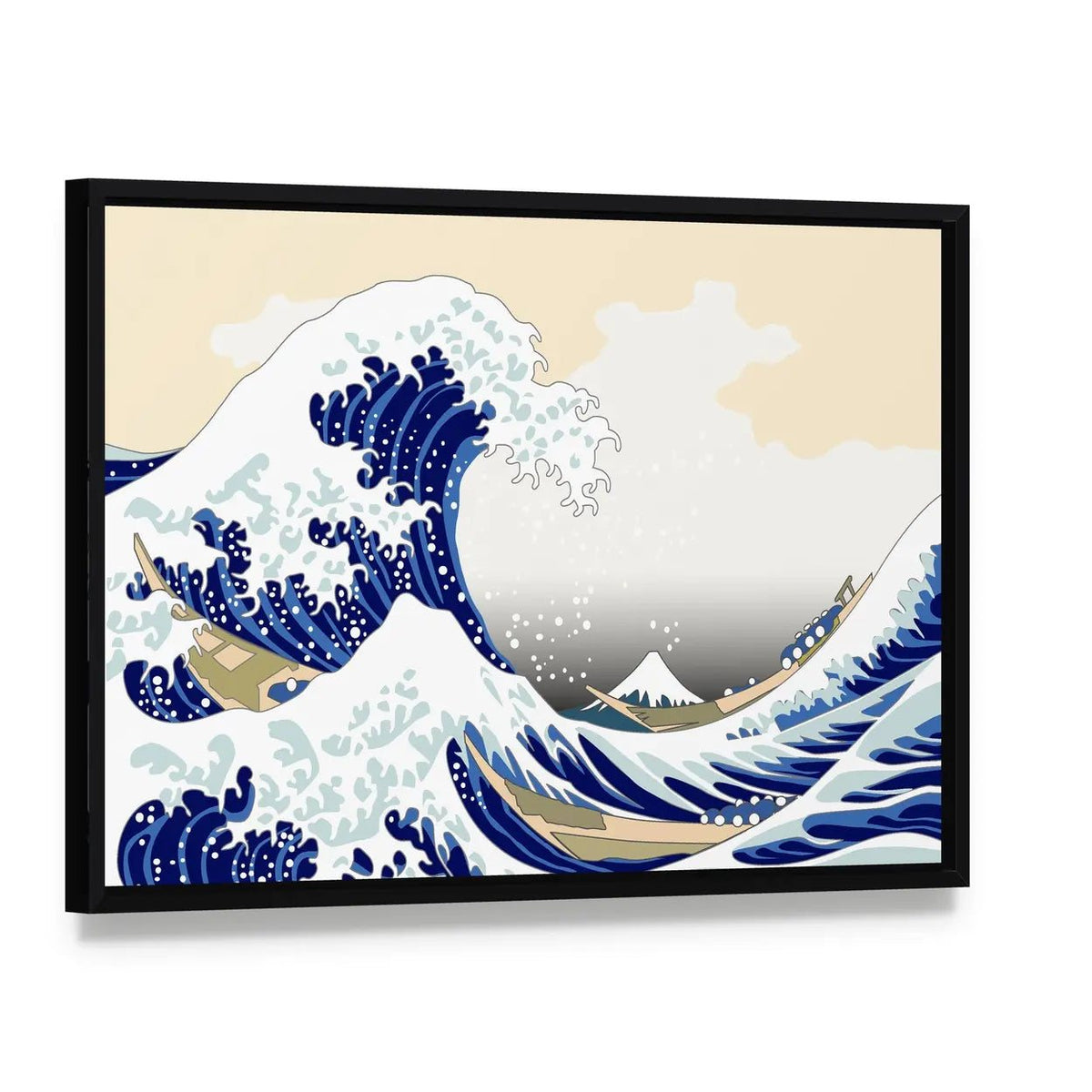 Hokusai Wave with Mount Fuji Canvas Wall Art, framed canvas in a black floater frame, angled product view