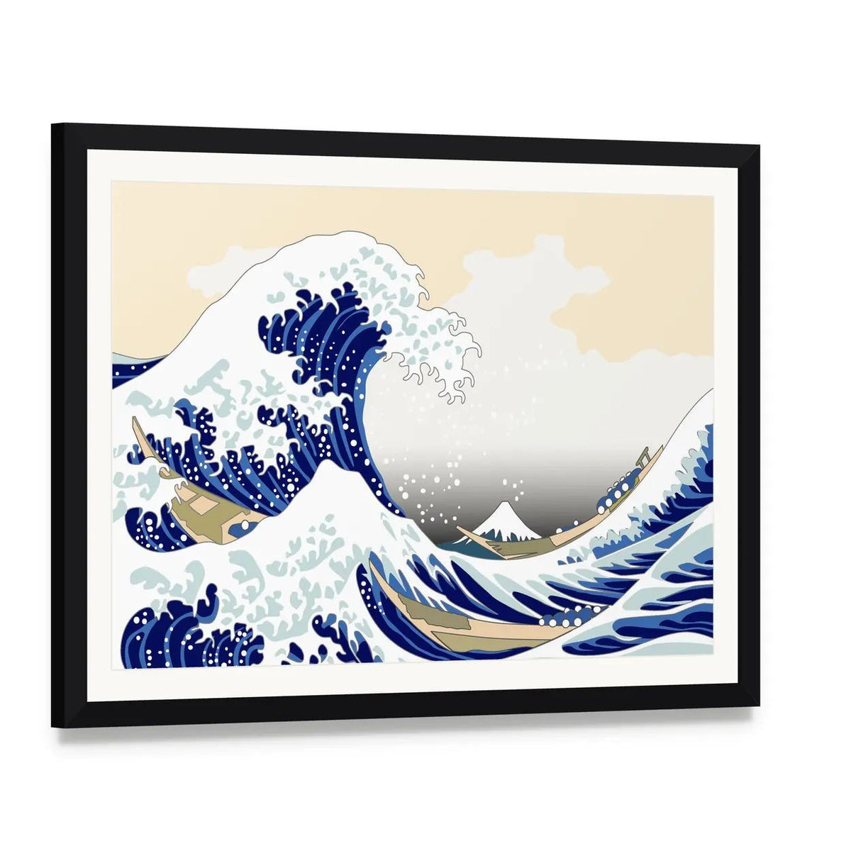Hokusai Wave with Mount Fuji Canvas Wall Art, framed print with white mat and black frame, angled product view