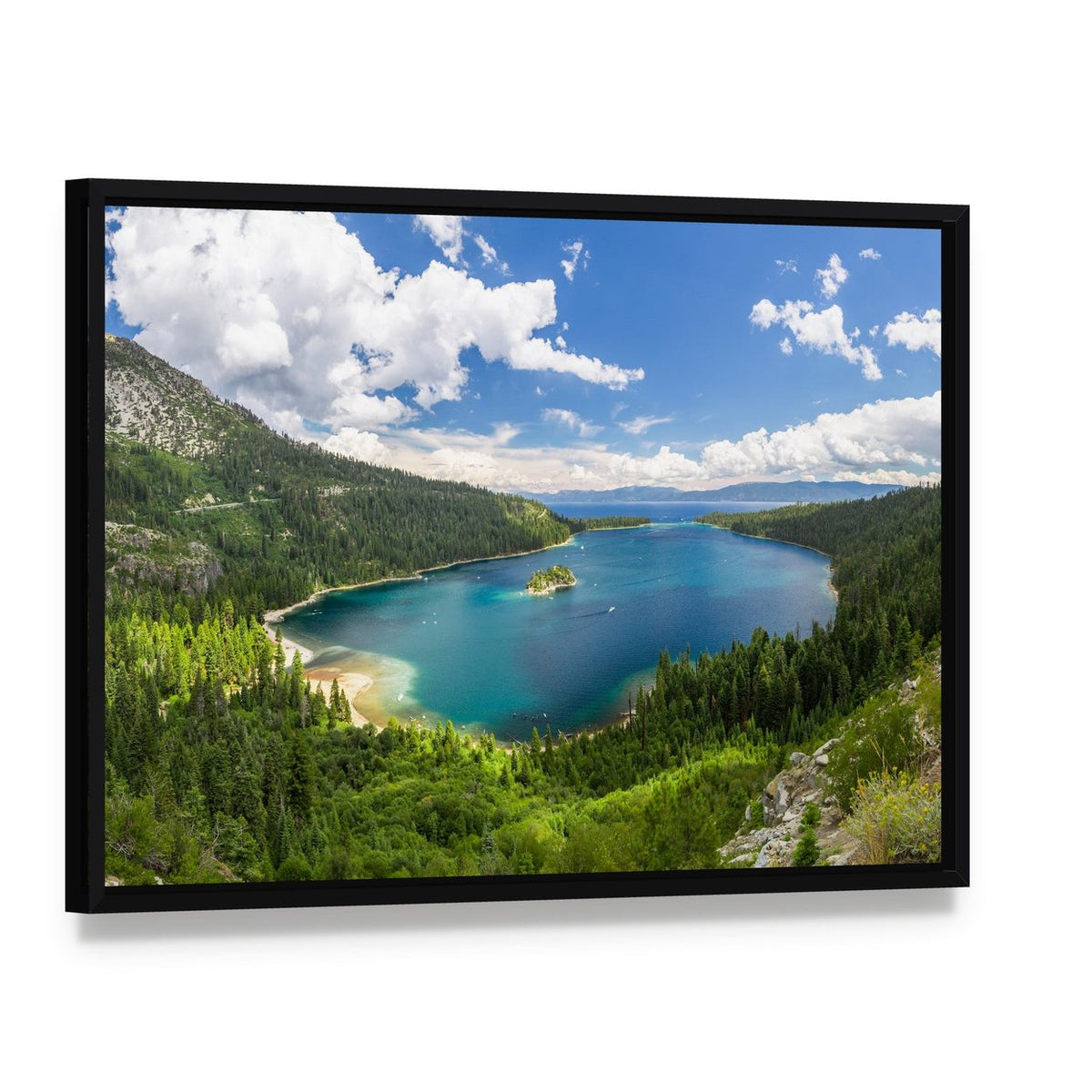 Emerald Bay, Lake Tahoe Canvas Wall Art, framed canvas in a black floater frame, angled product view