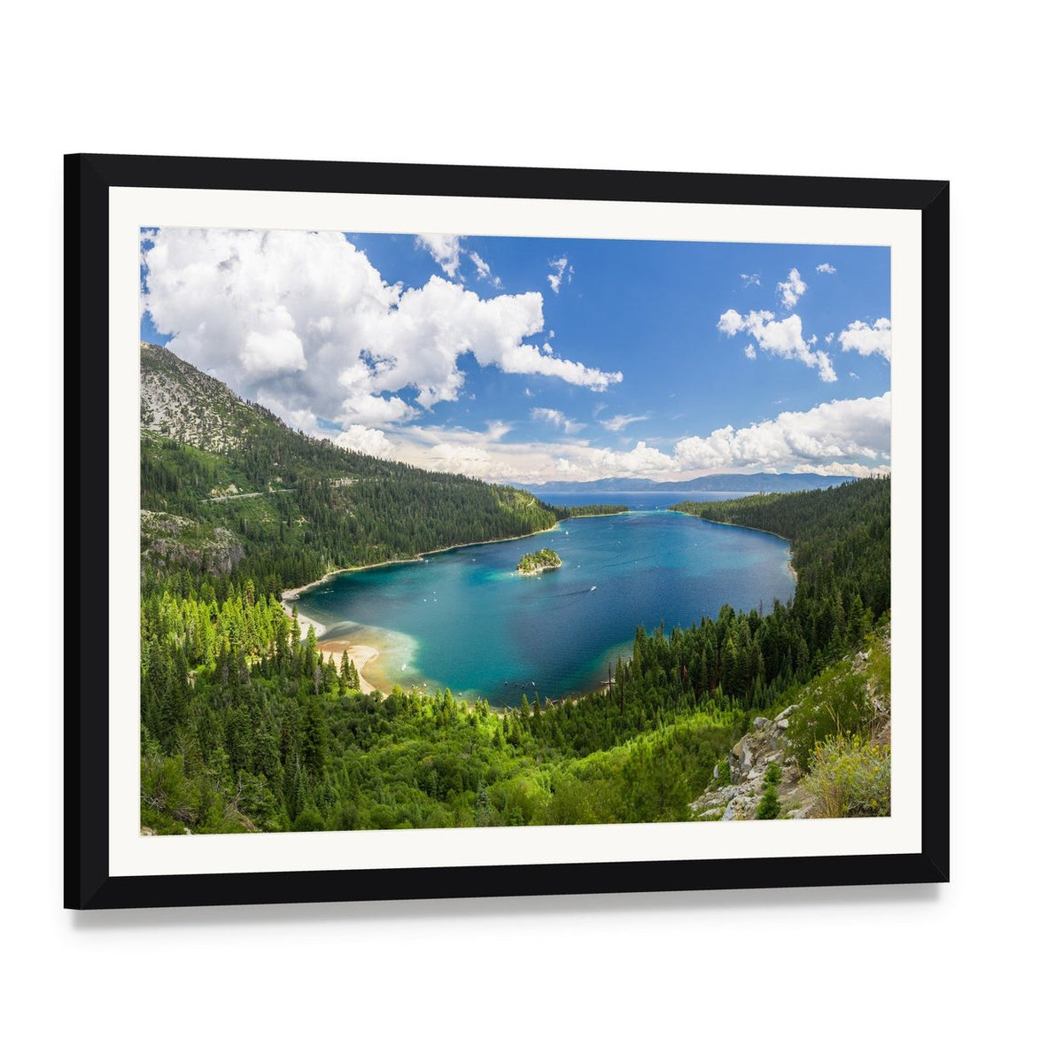 Emerald Bay, Lake Tahoe Canvas Wall Art, framed print with white mat and black frame, angled product view