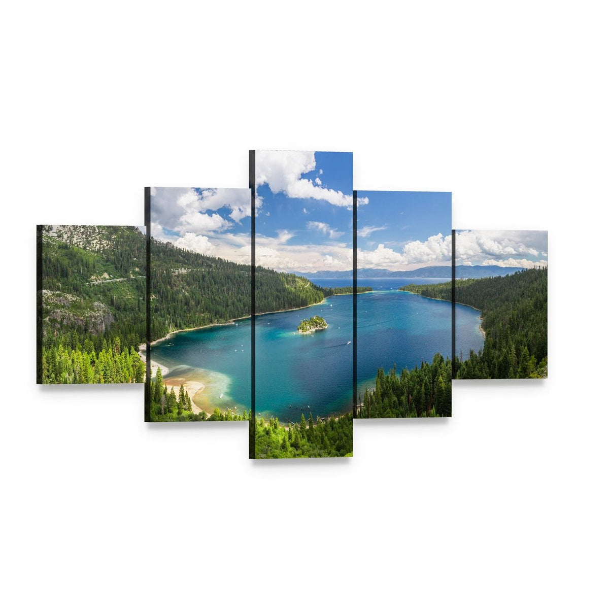 Emerald Bay, Lake Tahoe Canvas Wall Art, 5 panel 5 Star layout gallery wrapped canvas set, angled product view